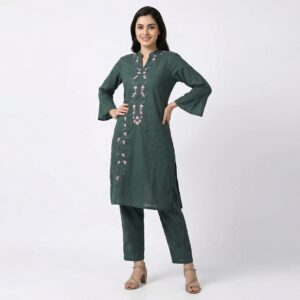 floral embroidered kurta & pant co ord set – forest green