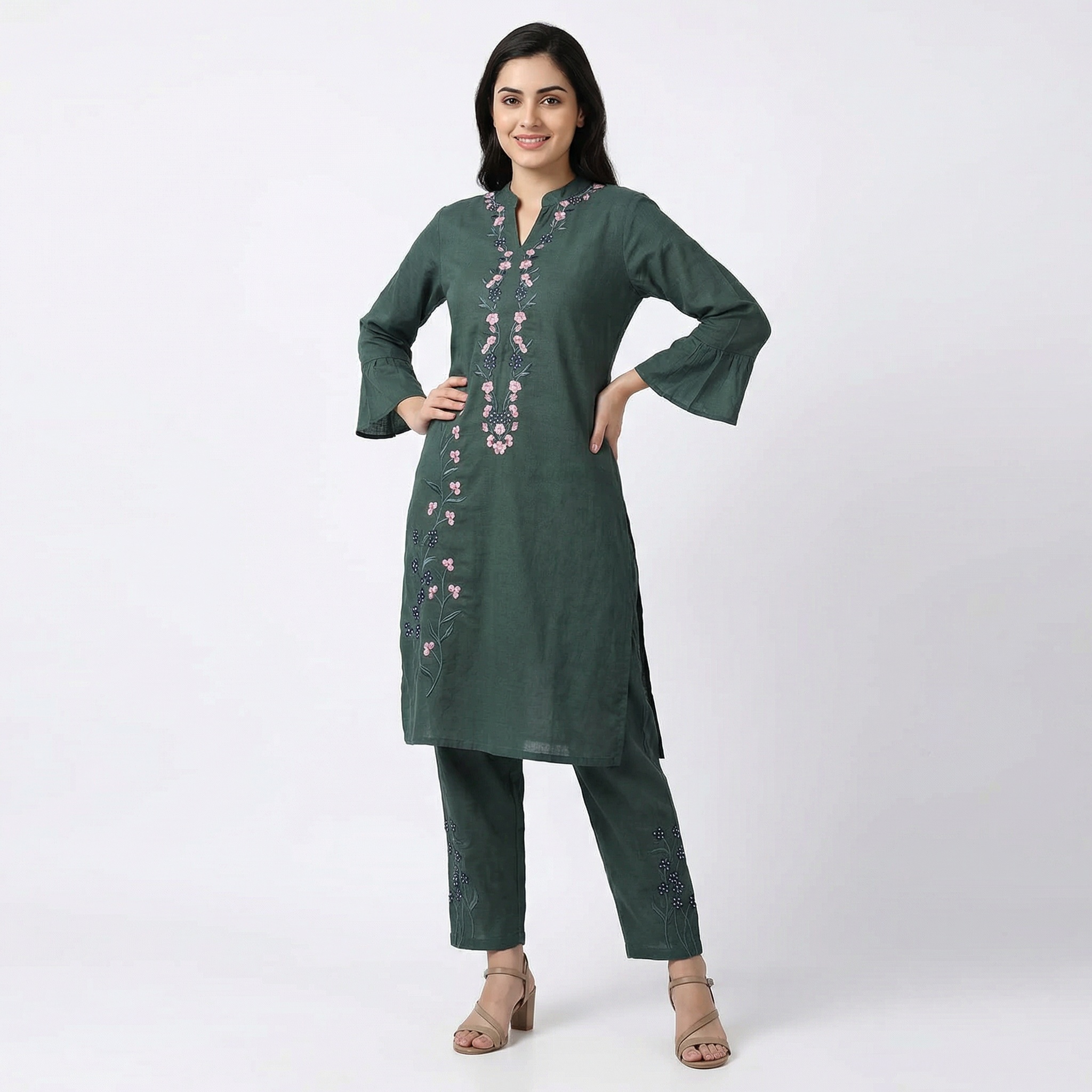 floral embroidered kurta & pant co ord set – forest green floral embroidered kurta & pant co ord set – forest green